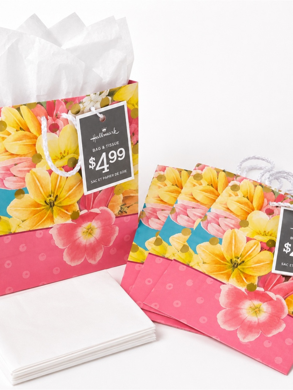 Hallmark Pink and Yellow Floral Gift Bags with White Tissue - Set of 4
